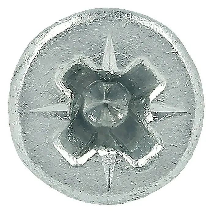 Profi Depot Tornillo para madera - Ø x L: 2,5 x 13 mm, 200 ud., Zincado, Ranura en forma de cruz Pozidriv - Primer plano detallado de la cabeza de un tornillo avellanado con ranura en cruz, brillante y detallado.