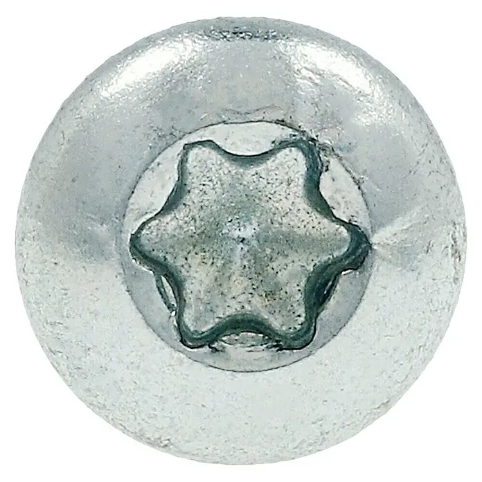 Profi Depot Spanplattenschraube VZ - 3 x 13 mm, 200 Stk., Verzinkt, TX für TORX-Antriebe - Nahaufnahme einer Torx-Schraube mit flachem Kopf. Ideal für sichere und versenkte Verbindungen in verschiedenen Anwendungen.