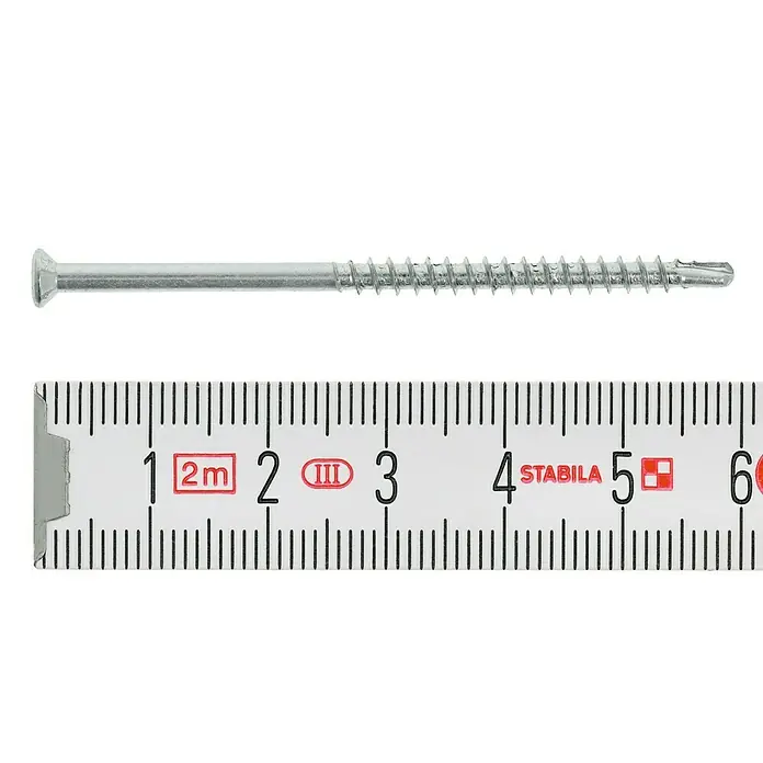 Profi Depot Dielenschraube VZ TX - Durchmesser: 3,2 mm, Länge: 60 mm, TX für TORX-Antriebe, 200 Stk. - Eine Schraube wird mit einem Maßband gemessen, das eine Länge von etwa 5 cm anzeigt. Die Schraube ist silbern und hat einen flachen Kopf.
