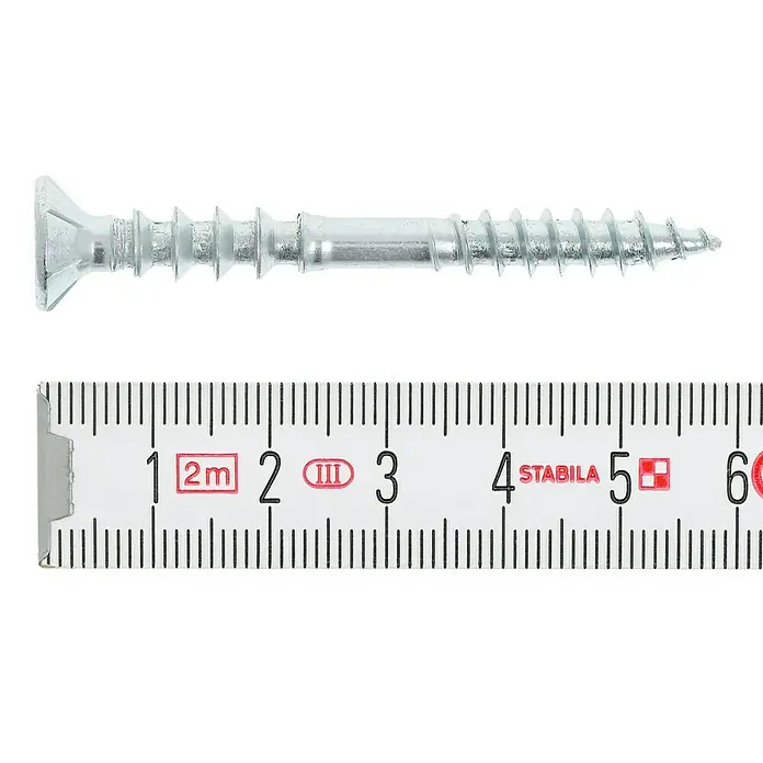 Profi Depot Justierschraube VZ - Durchmesser: 6 mm, Länge: 60 mm, TX für TORX-Antriebe, 100 Stk. - Nahaufnahme einer Schraube neben einem Messband zur Größenbestimmung.