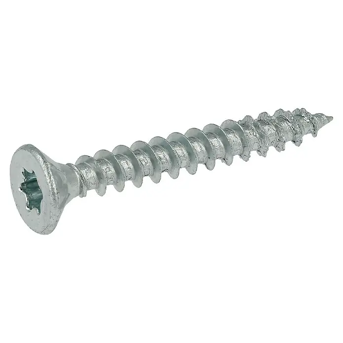 Profi Depot Spanplattenschraube VZ - Ø x L: 4,5 x 35 mm, 500 Stk., Verzinkt - Nahaufnahme einer silbernen Spanplattenschraube mit Torx-Antrieb, perfekt für Holzverbindungen und Heimwerkerprojekte.