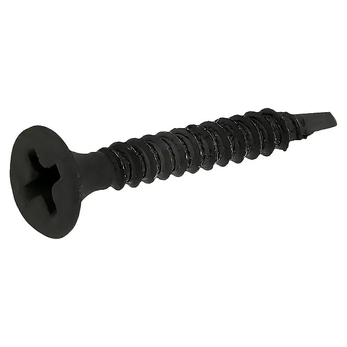 Profi Depot SchnellbauschraubeDurchmesser: 3,5 mm, Länge: 25 mm, Senkkopf, Mit Bohrspitze, 1.000 Stk. - Schwarze Trockenbauschraube mit Kreuzschlitzkopf und scharfem Gewinde für Gipskartonplatten auf schwarzem Hintergrund.