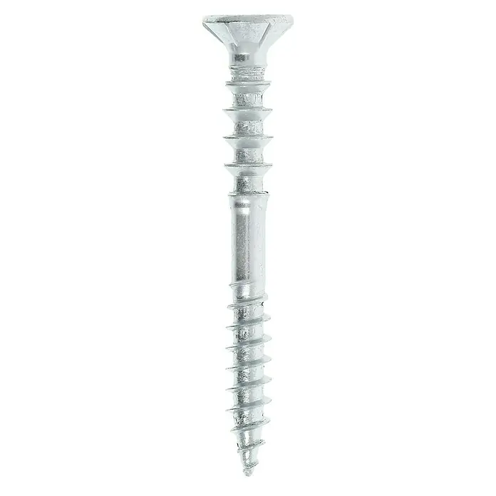 Profi Depot Justierschraube VZ - Durchmesser: 6 mm, Länge: 60 mm, TX für TORX-Antriebe, 100 Stk. - Nahaufnahme einer einzelnen silbernen Holzschraube mit scharfen Gewinden.