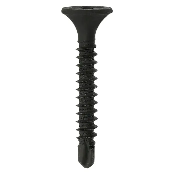 Profi Depot Schnellbauschraube - Durchmesser: 3,5 mm, Länge: 25 mm, Senkkopf, Mit Bohrspitze, 1.000 Stk. - Detailaufnahme einer schwarzen Trockenbauschraube mit scharfen Gewindegängen, ideal für präzise Befestigungen und robuste Verbindungen im Trockenbau.