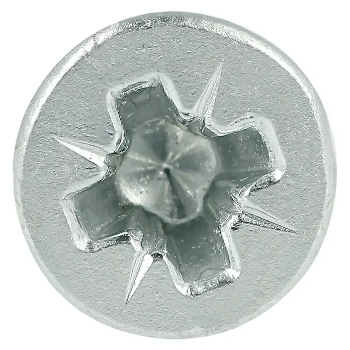 Profi Depot Tornillo para madera - Ø x L: 3,5 x 20 mm, 200 ud., Zincado, Ranura en forma de cruz Pozidriv - Primer plano de la cabeza de un tornillo con un hueco preciso en forma de estrella, ideal para conexiones seguras y apretadas en diversas aplicaciones.