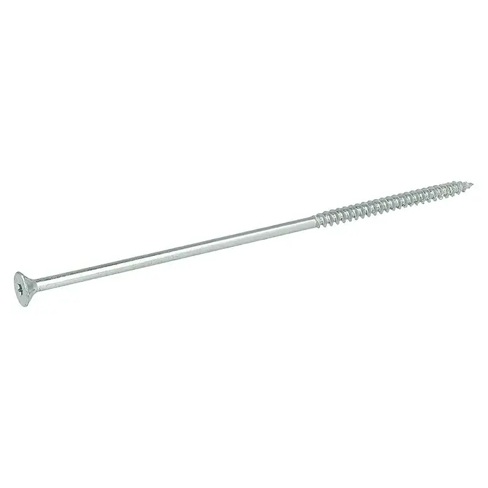 Profi Depot Spanplattenschraube VZ - Ø x L: 6 x 180 mm, 50 Stk., Verzinkt - Nahaufnahme einer einzelnen silbernen Holzschraube mit Flachkopf und Gewinde bis zur Spitze auf schwarzem Hintergrund.
