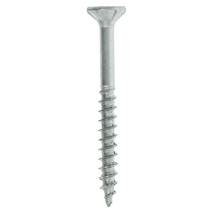 Profi Depot Tornillo para madera - Ø x L: 3,5 x 35 mm, 200 ud., Zincado, Ranura en forma de cruz Pozidriv - Primer plano de un solo tornillo de madera plateado con cabeza avellanada y roscas afiladas sobre un fondo negro.