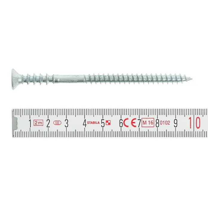 Profi Depot Justierschraube VZ - Durchmesser: 6 mm, Länge: 100 mm, TX für TORX-Antriebe, 100 Stk. - Schraube neben einem Messlineal.