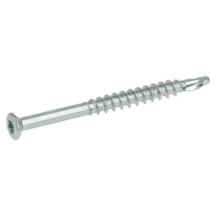 Profi Depot Dielenschraube VZ TX - Durchmesser: 3,2 mm, Länge: 40 mm, TX für TORX-Antriebe, 200 Stk. - Nahaufnahme einer silbernen Schraube mit einem Senkkopf und einem Gewinde, die sich ideal für Holzverbindungen eignet.