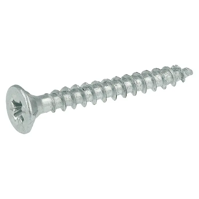 Profi Depot Tornillo para madera - Ø x L: 3 x 25 mm, 200 ud., Zincado, Ranura en forma de cruz Pozidriv - Primer plano de un solo tornillo para madera plateado con cabeza avellanada y accionamiento en cruz sobre un fondo negro.