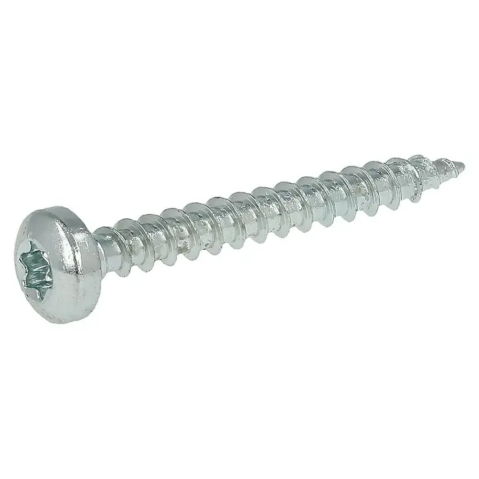 Profi Depot Spanplattenschraube VZ - 3 x 25 mm, 200 Stk., Verzinkt, TX für TORX-Antriebe - Nahaufnahme einer silbernen Senkkopfschraube mit Innensechsrund, die auf einem schwarzen Hintergrund liegt.