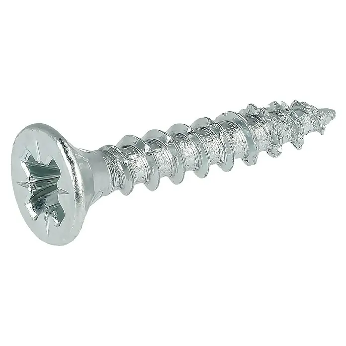 Profi Depot Tornillo para madera - Ø x L: 3,5 x 20 mm, 200 ud., Zincado, Ranura en forma de cruz Pozidriv - Primer plano de un tornillo para madera plateado con cabeza Phillips, ideal para diversas tareas de fijación y proyectos de bricolaje.