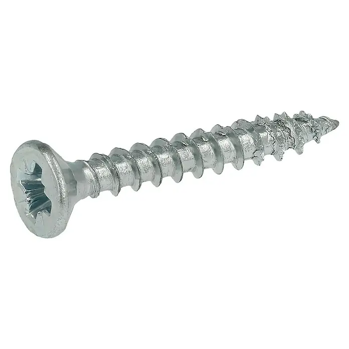 Profi Depot Tornillo para madera - Ø x L: 3,5 x 25 mm, 200 ud., Zincado, Ranura en forma de cruz Pozidriv - Primer plano de un tornillo para madera cincado con cabeza Phillips sobre fondo negro.