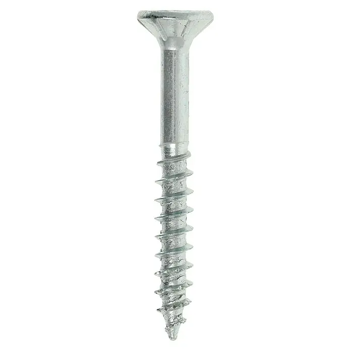Profi Depot Tornillo para madera - Ø x L: 3,5 x 30 mm, 200 ud., Zincado, Ranura en forma de cruz Pozidriv - Primer plano de un solo tornillo avellanado plateado con rosca afilada sobre fondo negro.