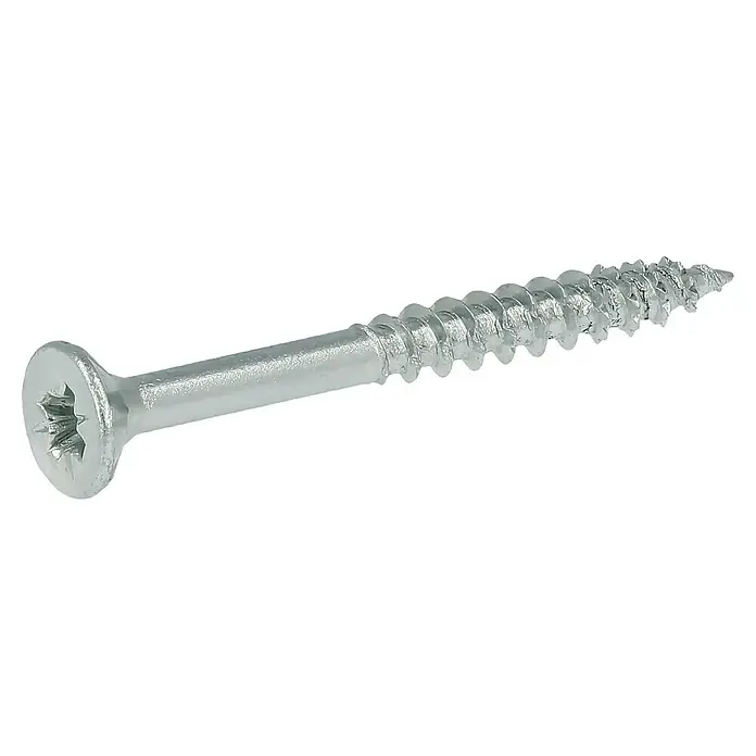 Profi Depot Tornillo para madera - Ø x L: 3 x 30 mm, 200 ud., Zincado, Ranura en forma de cruz Pozidriv - Primer plano de un solo tornillo para madera plateado con cabeza Torx, sobre un fondo negro contrastante.