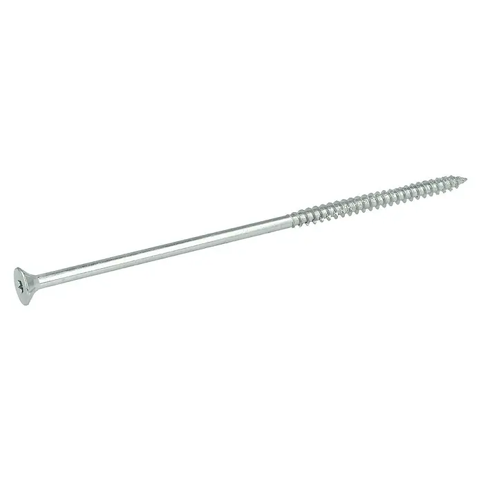 Profi Depot Spanplattenschraube VZ - Ø x L: 6 x 160 mm, 50 Stk., Verzinkt - Nahaufnahme einer einzelnen Holzschraube mit flachem Kopf und durchgehendem Gewinde auf schwarzem Hintergrund.