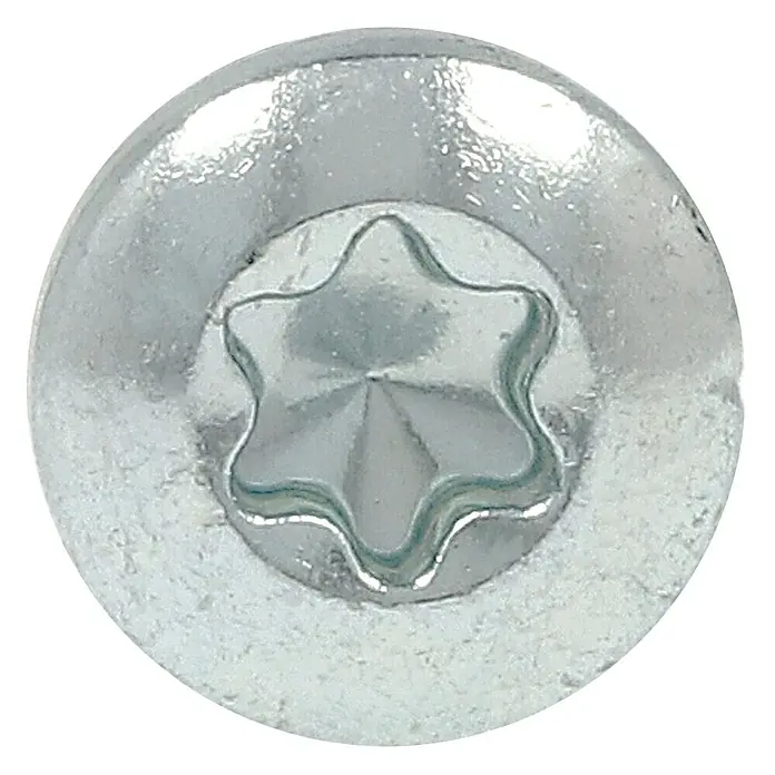 Profi Depot Spanplattenschraube VZ - 3 x 25 mm, 200 Stk., Verzinkt, TX für TORX-Antriebe - Nahaufnahme eines silberfarbenen Torx-Schraubenkopfes, der Details des Antriebs und des Metalls zeigt.