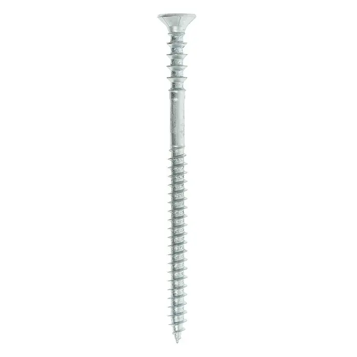 Profi Depot Justierschraube VZDurchmesser: 6 mm, Länge: 100 mm, TX für TORX-Antriebe, 100 Stk. - Nahaufnahme einer langen, silbernen Spanplattenschraube mit einem breiten Kopf und einem scharfen Gewinde, ideal für Holzbearbeitungs- und Bauprojekte.