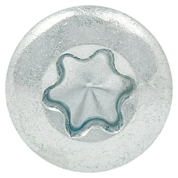Profi Depot Spanplattenschraube VZ - 4,5 x 50 mm, 100 Stk., Verzinkt, TX für TORX-Antriebe - Detailaufnahme eines Torx-Schraubenkopfes in silberner Farbe. Ideal für präzise und sichere Verschraubungen.