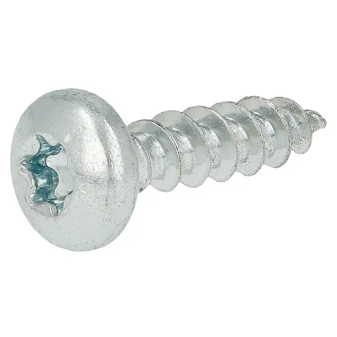 Profi Depot Spanplattenschraube VZ - 5 x 20 mm, 200 Stk., Verzinkt, TX für TORX-Antriebe - Nahaufnahme einer silberfarbenen Torx-Schraube mit Linsenkopf vor schwarzem Hintergrund.