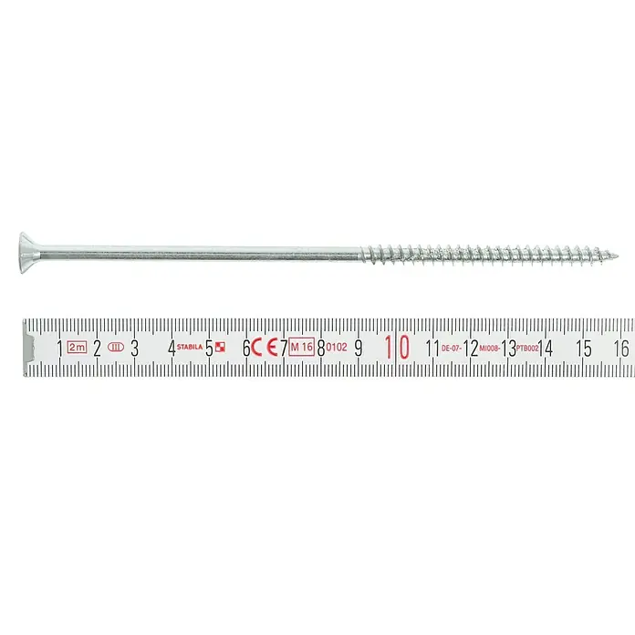 Profi Depot Spanplattenschraube VZ - Ø x L: 6 x 160 mm, 50 Stk., Verzinkt - Ein silberfarbener Holzschraube liegt neben einem Messlineal, das bis 16 cm reicht, um die Länge der Schraube zu messen.