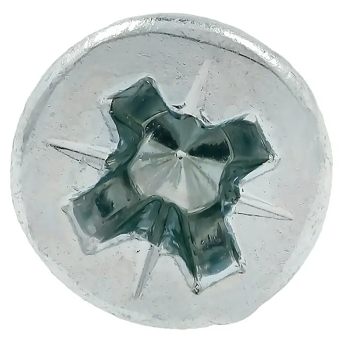 Profi Depot Tornillo para madera - Ø x L: 3,5 x 30 mm, 200 ud., Zincado, Ranura en forma de cruz Pozidriv - Primer plano de la cabeza de un tornillo Torx, con un patrón en forma de estrella, utilizado en diversas aplicaciones.