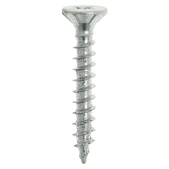 Profi Depot Tornillo para madera - Ø x L: 3 x 20 mm, 1.000 ud., Zincado, Ranura en forma de cruz Pozidriv - Primer plano de un solo tornillo para madera de color plateado con rosca prominente y cabeza Phillips.