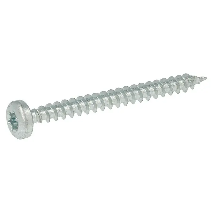 Profi Depot Spanplattenschraube VZ - 4,5 x 50 mm, 100 Stk., Verzinkt, TX für TORX-Antriebe - Nahaufnahme einer einzelnen silberfarbenen Senkkopfschraube mit Torx-Antrieb, die auf einem schwarzen Hintergrund liegt.