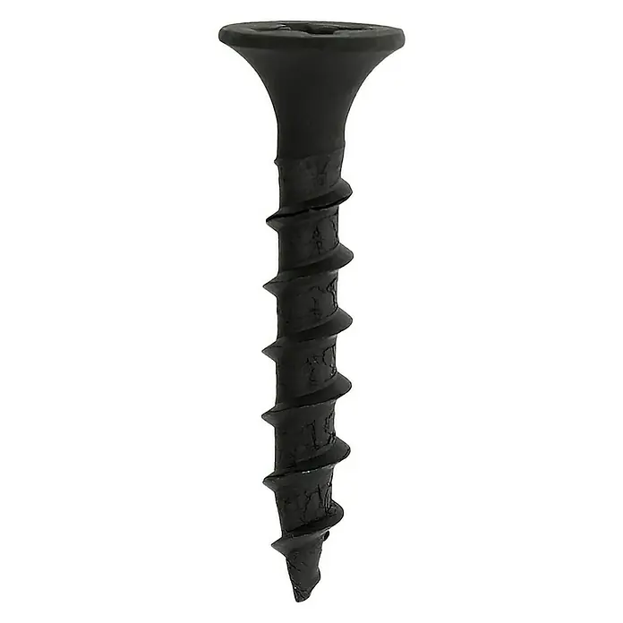 Profi Depot Schnellbauschraube - Durchmesser: 3,9 mm, Länge: 25 mm, Senkkopf, Grobgewinde, 1.000 Stk. - Nahaufnahme einer schwarzen Trockenbauschraube mit scharfem Gewinde und Senkkopf, ideal für sichere Befestigungen in Trockenbauwänden.