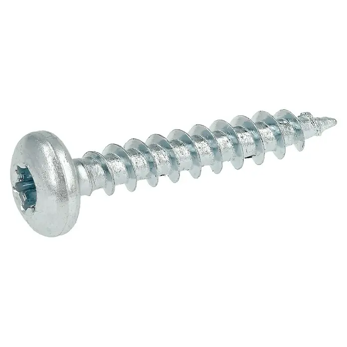 Profi Depot Spanplattenschraube VZ - 5 x 30 mm, 200 Stk., Verzinkt, TX für TORX-Antriebe - Nahaufnahme einer silberfarbenen Senkkopfschraube mit Torx-Antrieb und selbstschneidendem Gewinde auf schwarzem Hintergrund.