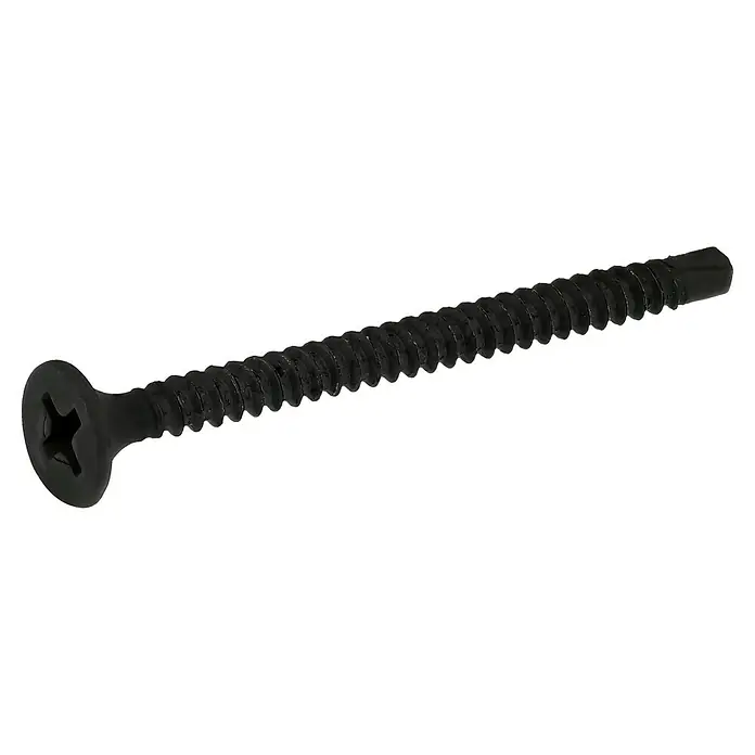 Profi Depot SchnellbauschraubeDurchmesser: 3,5 mm, Länge: 45 mm, Senkkopf, Mit Bohrspitze, 500 Stk. - Nahaufnahme einer einzelnen schwarzen Trockenbauschraube mit Kreuzschlitzkopf und Gewinde über die gesamte Länge.