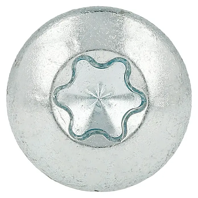 Profi Depot Spanplattenschraube VZ - 5 x 20 mm, 200 Stk., Verzinkt, TX für TORX-Antriebe - Nahaufnahme eines Torx-Sicherheitsschraubenkopfes. Das silberne Metall und das spezielle Design des Schraubenkopfes sind gut sichtbar.