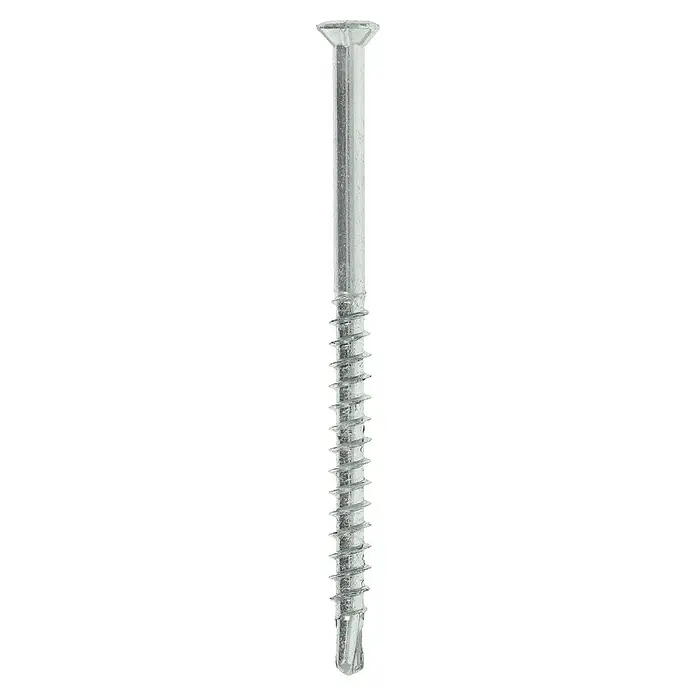 Profi Depot Dielenschraube VZ TX - Durchmesser: 3,2 mm, Länge: 50 mm, TX für TORX-Antriebe, 200 Stk. - Nahaufnahme einer silbernen Stockschraube mit flachem Kopf und schraubenförmigem Gewinde. Ideal für sichere Befestigungen.