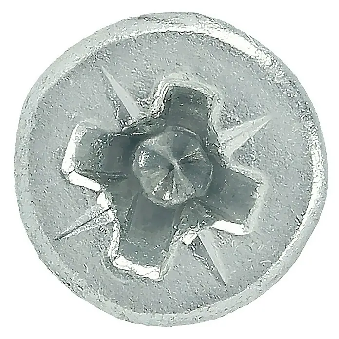Profi Depot Tornillo para madera - Ø x L: 3 x 20 mm, 1.000 ud., Zincado, Ranura en forma de cruz Pozidriv - Primer plano de un tornillo de cabeza avellanada brillante de color plateado con cabeza Phillips, ideal para carpintería y metalistería.