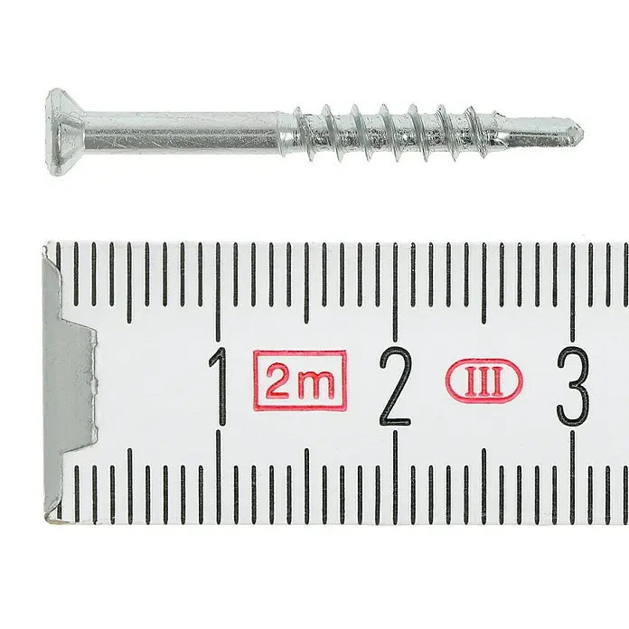 Profi Depot Dielenschraube VZ TX - Durchmesser: 3,2 mm, Länge: 30 mm, TX für TORX-Antriebe, 200 Stk. - Nahaufnahme einer ca. 2,7 cm langen Schraube, gemessen mit einem Zollstock. Perfekt für Befestigungen im Handwerk.