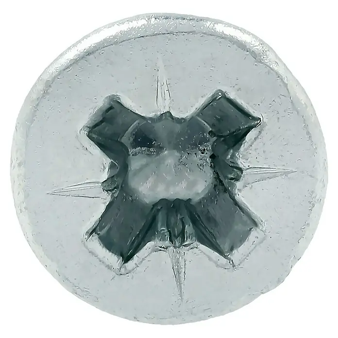 Profi Depot Tornillo para madera - Ø x L: 3,5 x 40 mm, 200 ud., Zincado, Ranura en forma de cruz Pozidriv - Primer plano de un tornillo de cabeza Phillips, destacando los detalles y la textura de la cabeza del tornillo.