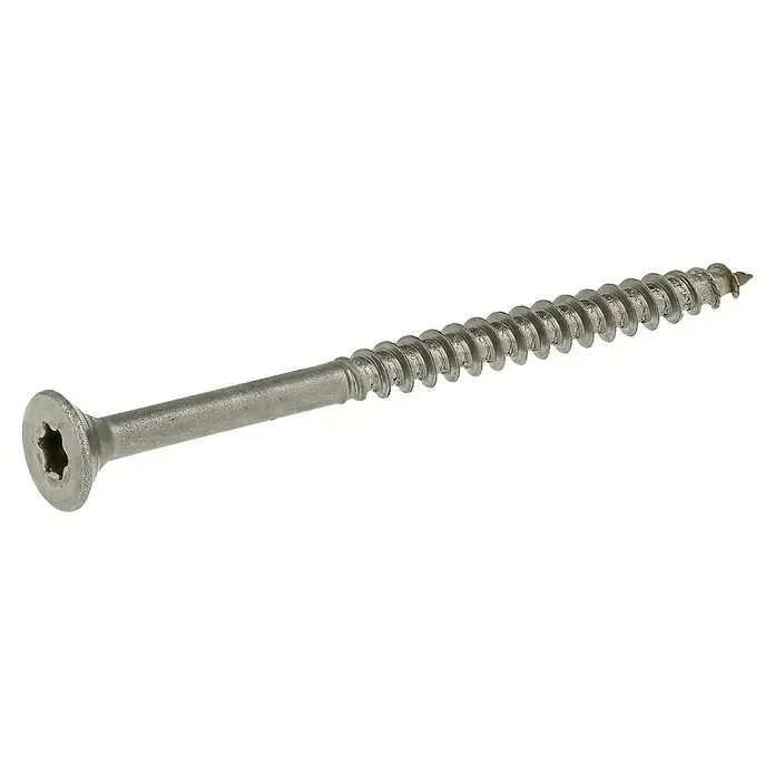 Profi Depot Spanplattenschraube A2 - Durchmesser: 5 mm, Länge: 70 mm, Edelstahl, TX für TORX-Antriebe, Teilgewinde, 100 Stk. - Nahaufnahme einer einzelnen silberfarbenen Senkkopfschraube mit Torx-Antrieb auf schwarzem Hintergrund. Das Gewinde verläuft über die gesamte Länge.