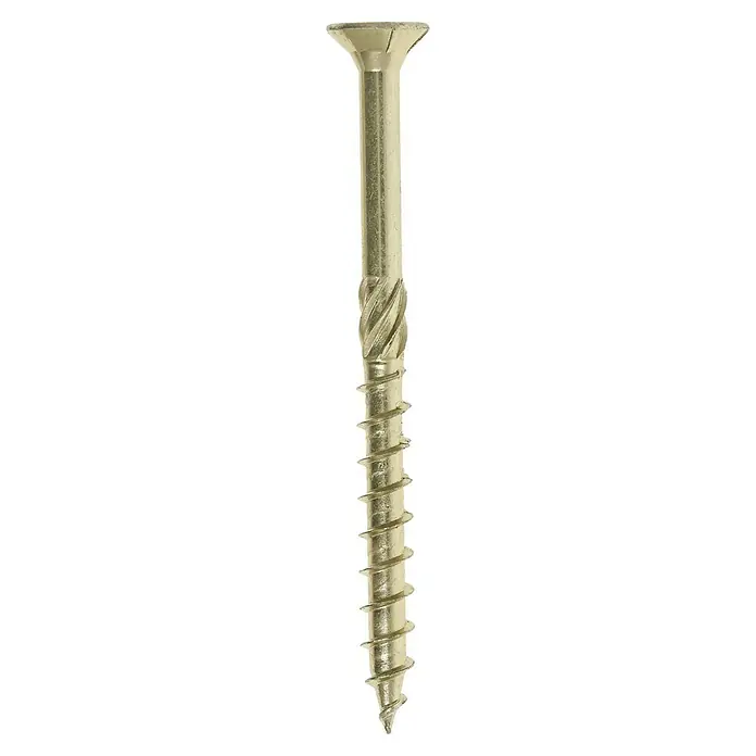 Profi Depot Tornillo para madera TX - Cabezal avellanado, TX para accionamientos TORX, 50 ud., Ø x L: 8 x 100 mm - Primer plano de un solo tornillo avellanado que se estrecha en forma de espiral. Es de color dorado y está fotografiado sobre un fondo negro.