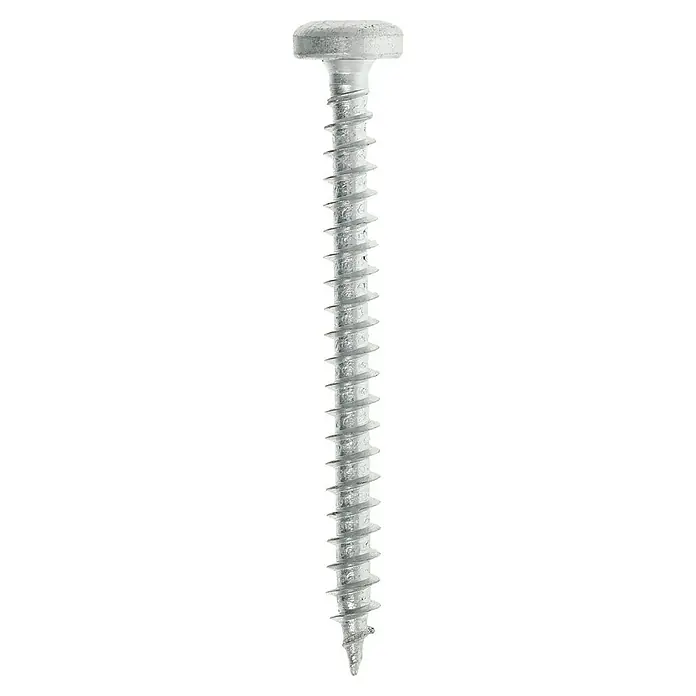 Profi Depot Spanplattenschraube VZ - 4,5 x 50 mm, 100 Stk., Verzinkt, TX für TORX-Antriebe - Nahaufnahme einer einzelnen Stockschraube mit flachem Kopf und Gewinde auf schwarzem Hintergrund.