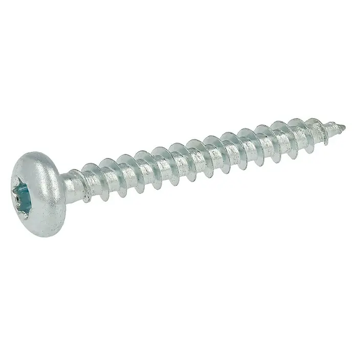 Profi Depot Spanplattenschraube VZ - 5 x 40 mm, 100 Stk., Verzinkt, TX für TORX-Antriebe - Nahaufnahme einer silbernen Torx-Holzschraube mit abgerundetem Kopf und scharfen Gewindegängen auf schwarzem Hintergrund.