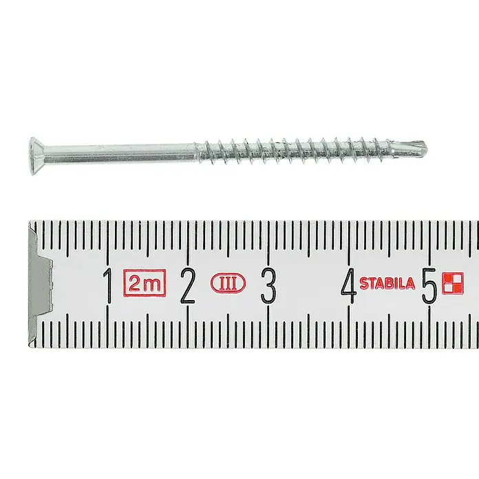 Profi Depot Dielenschraube VZ TX - Durchmesser: 3,2 mm, Länge: 50 mm, TX für TORX-Antriebe, 200 Stk. - Das Bild zeigt eine Schraube mit einem Metermaß. Die Schraube ist ca. 5 cm lang und hat einen Torx-Antrieb.
