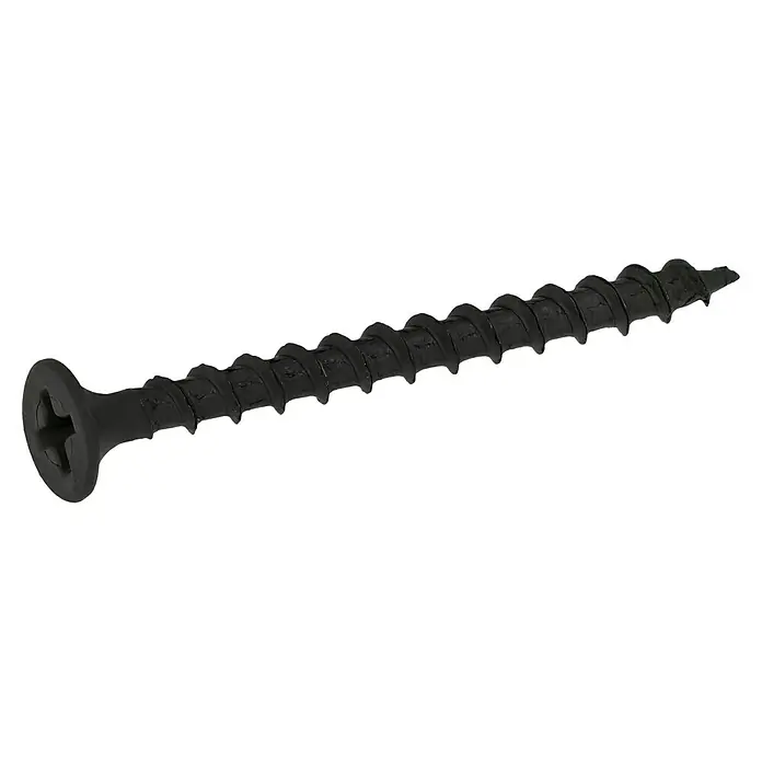 Profi Depot Schnellbauschraube - Durchmesser: 3,9 mm, Länge: 45 mm, Senkkopf, Grobgewinde, 500 Stk. - Nahaufnahme einer einzelnen schwarzen Trockenbauschraube mit Kreuzschlitzkopf und scharfen Gewindegängen.
