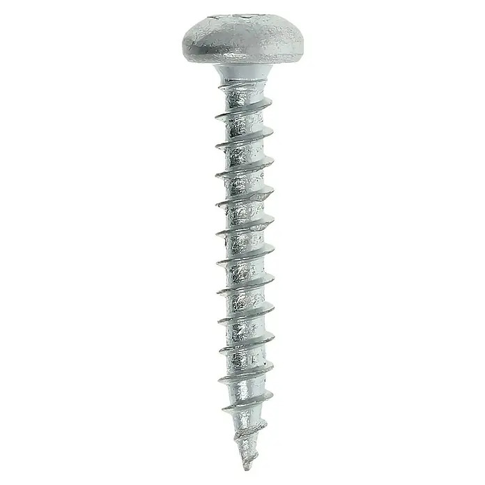 Profi Depot Spanplattenschraube VZ - 3 x 20 mm, 200 Stk., Verzinkt, TX für TORX-Antriebe - Nahaufnahme einer einzelnen silbernen Holzschraube mit einem abgerundeten Kopf und einem scharfen Gewinde vor einem schwarzen Hintergrund.
