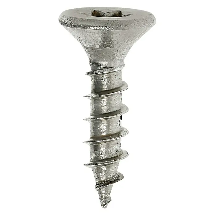 Profi Depot Spanplattenschraube A2 - Durchmesser: 4 mm, Länge: 16 mm, Edelstahl, TX für TORX-Antriebe, Vollgewinde, 200 Stk. - Nahaufnahme einer Senkkopfschraube mit scharfem Gewinde vor schwarzem Hintergrund. Ideal für Holzbearbeitung und Heimwerkerprojekte.
