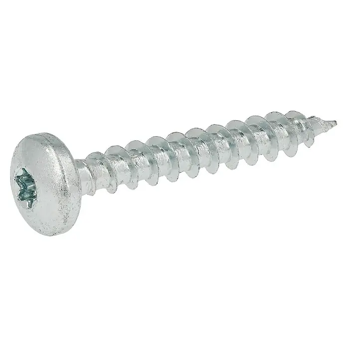 Profi Depot Spanplattenschraube VZ - 6 x 40 mm, 100 Stk., Verzinkt, TX für TORX-Antriebe - Nahaufnahme einer silbernen Torx-Holzschraube, die für Befestigungen in Holzkonstruktionen verwendet wird.\n