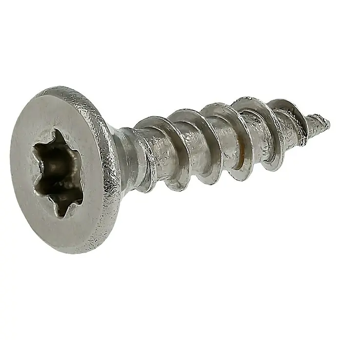 Profi Depot Spanplattenschraube A2 - Durchmesser: 4 mm, Länge: 16 mm, Edelstahl, TX für TORX-Antriebe, Vollgewinde, 200 Stk. - Nahaufnahme einer einzelnen Senkkopfschraube mit Torx-Antrieb, ideal für Holz- und Metallarbeiten, auf schwarzem Hintergrund.