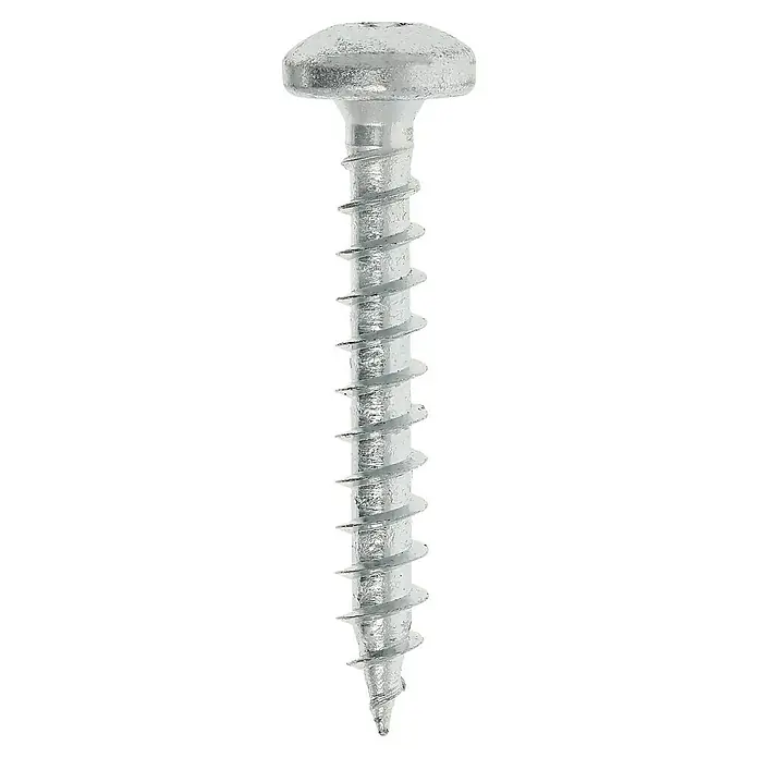 Profi Depot Spanplattenschraube VZ - 6 x 40 mm, 100 Stk., Verzinkt, TX für TORX-Antriebe - Nahaufnahme einer einzelnen, silberfarbenen Holzschraube mit breitem Kopf und scharfem Gewinde vor schwarzem Hintergrund.