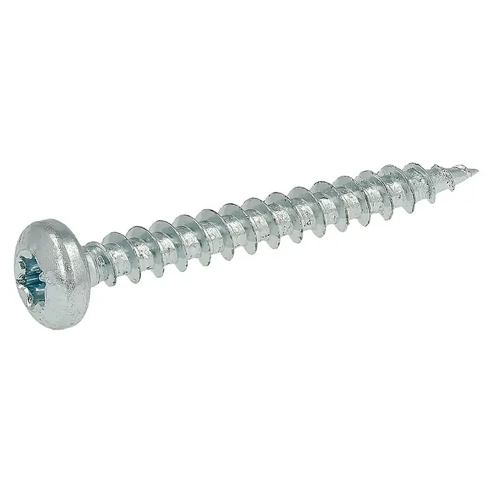 Profi Depot Spanplattenschraube VZ - 3,5 x 30 mm, 200 Stk., Verzinkt, TX für TORX-Antriebe - Nahaufnahme einer verzinkten Torx-Holzschraube vor schwarzem Hintergrund, die Details und Qualität hervorhebt.