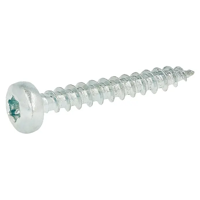 Profi Depot Spanplattenschraube VZ - 3,5 x 25 mm, 200 Stk., Verzinkt, TX für TORX-Antriebe - Nahaufnahme einer verzinkten Torx-Senkkopfschraube, ideal für sichere und bündige Befestigungen in verschiedenen Materialien.