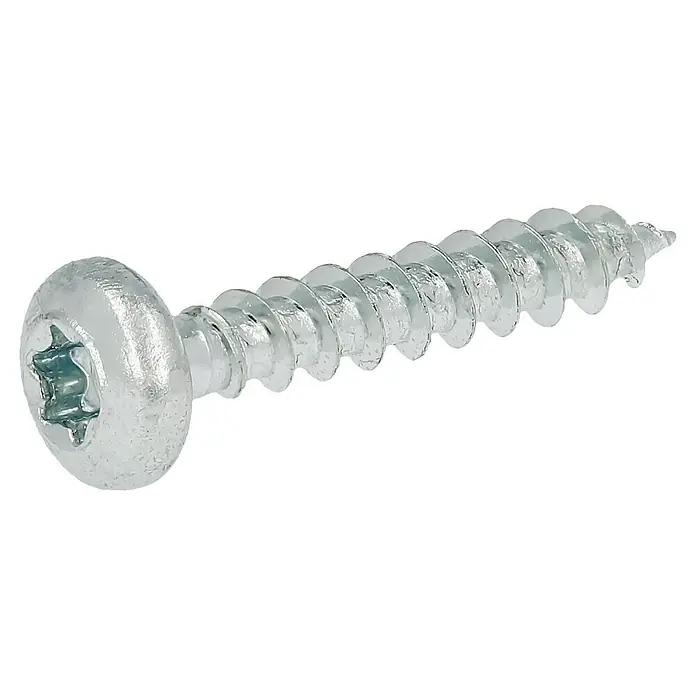 Profi Depot Spanplattenschraube VZ - 3,5 x 20 mm, 200 Stk., Verzinkt, TX für TORX-Antriebe - Nahaufnahme einer silberfarbenen Torx-Blechschraube mit abgerundetem Kopf auf schwarzem Hintergrund.